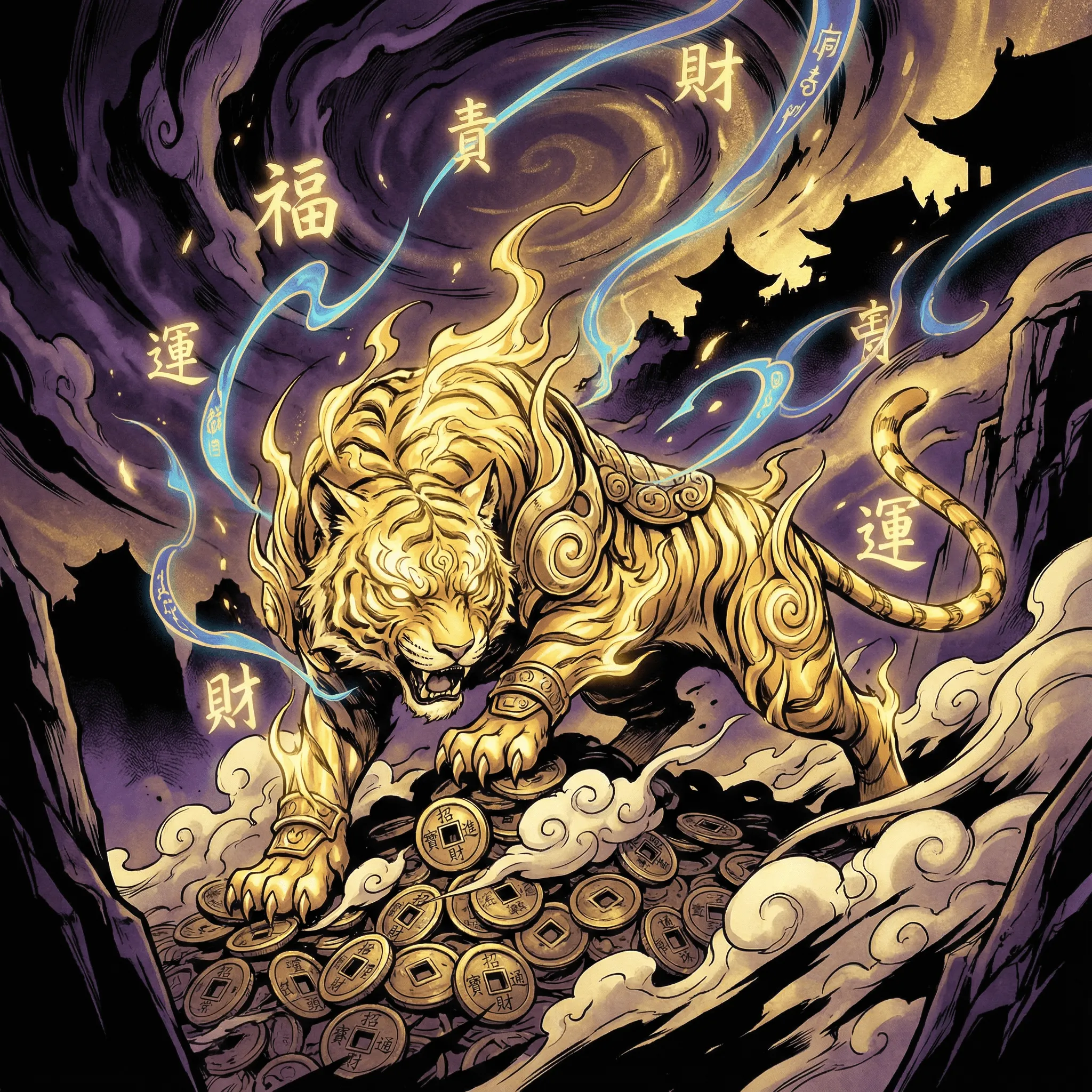 Tigre dourado místico com moedas da sorte